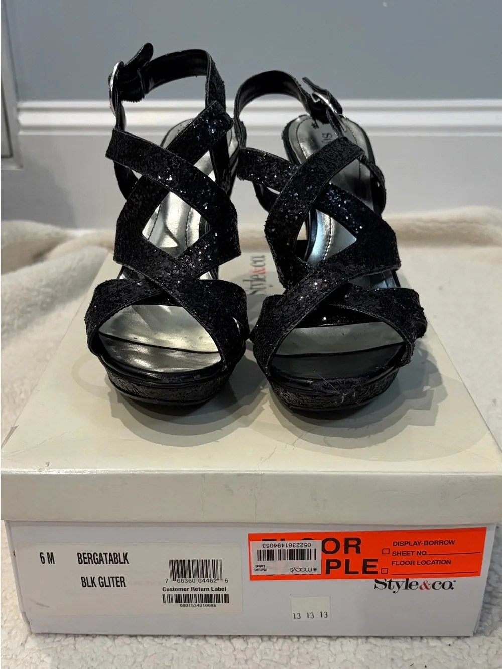 Style & Co. Black Glitter Crisscross Platform Heels